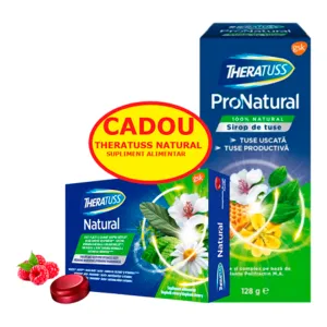 Theratuss ProNatural sirop, 128 g + Theratuss Naturals zmeura, 16 comprimate pentru supt SUPER PROMO, Haleon Romania